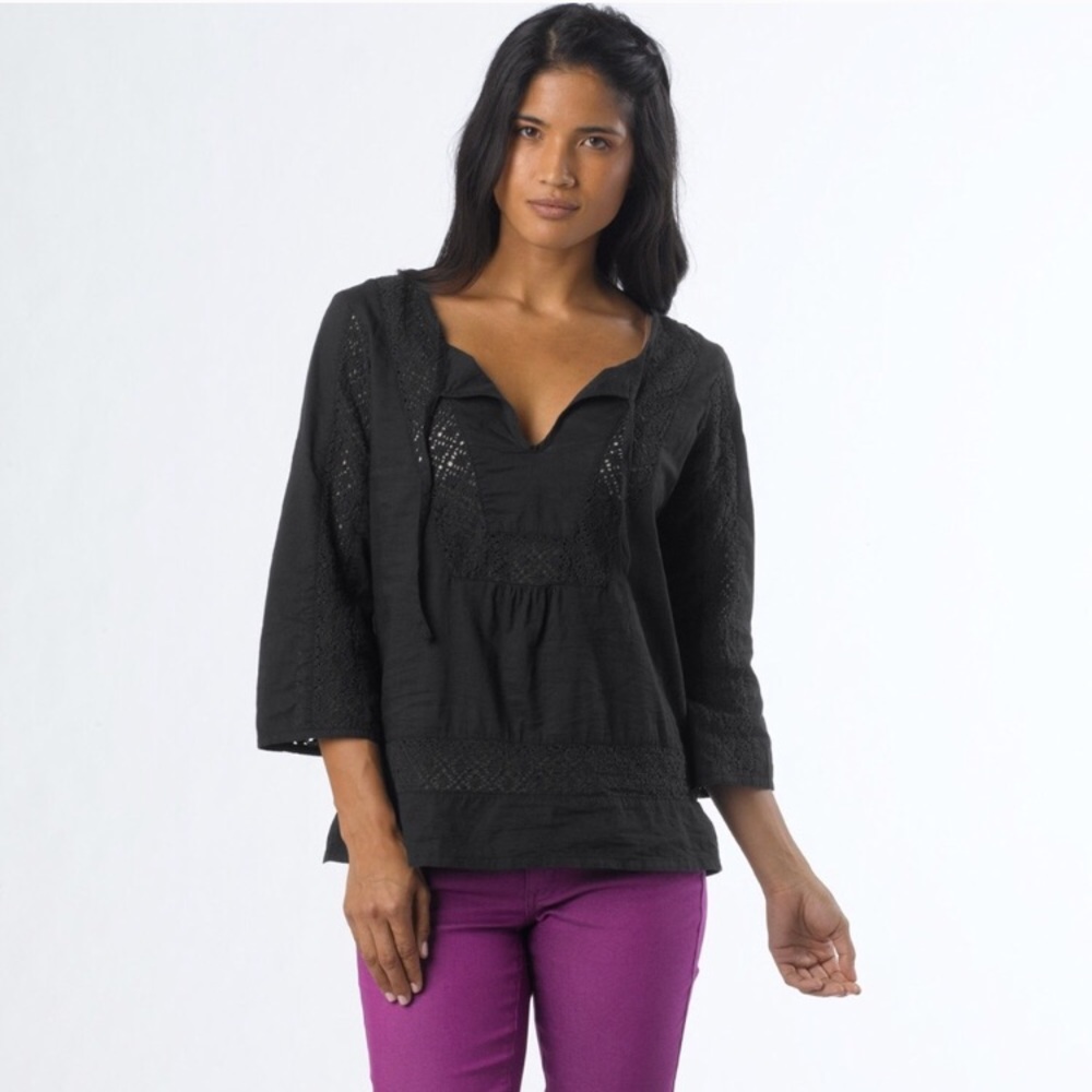 Prana Sofie Black Boho Crochet Peasant Top Large